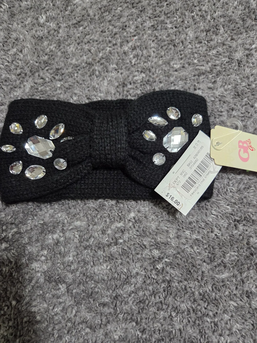 GB girls Black Knit Bow Headband with Clear Gem Accents